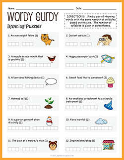 Free printable Wordy Gurdy Rhyming Puzzle worksheet