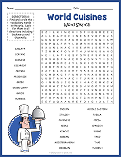 Free Printable World Cuisines Word Search Puzzle Worksheet