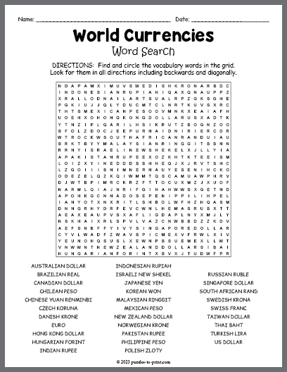World Currencies Word Search