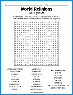 Free printable World Religions Word Search puzzle worksheet
