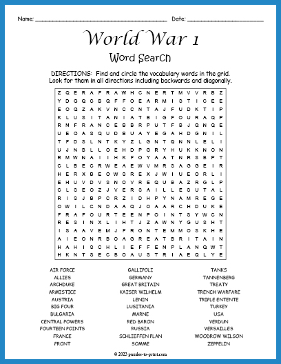 World War 1 Word Search