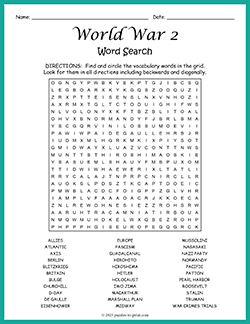 Free printable World War 2 Word Search puzzle worksheet