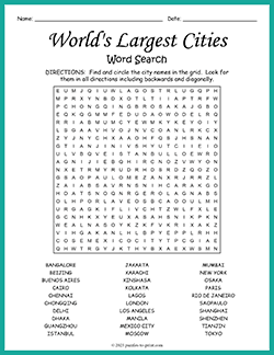 Free printable World's largest Cities Word Search puzzle worksheet