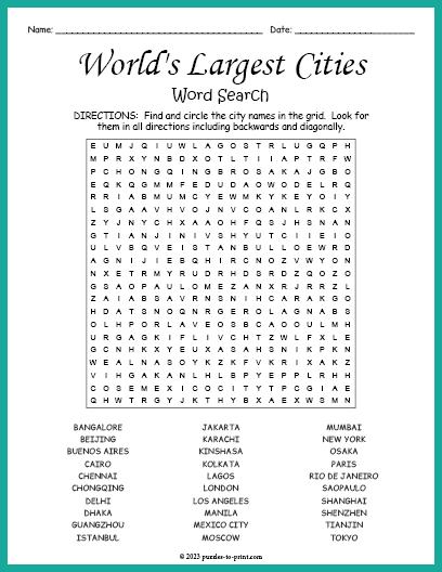 World's largest Cities Word Search