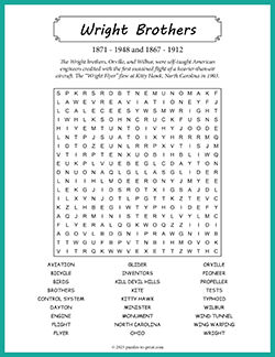 Free printable Wright Brothers Word Search puzzle worksheet