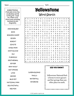 Free printable Yellowstone Word Search puzzle worksheet