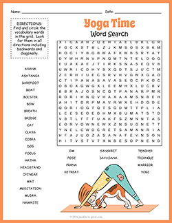 Free printable Yoga Word Search puzzle worksheet