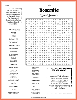 Free printable Yosemite Word Search puzzle worksheet