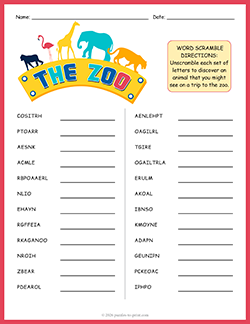 Free printable Zoo Animals Word Scramble puzzle worksheet