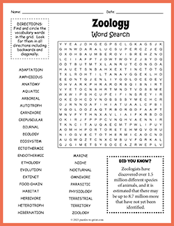 Free printable Zoology Word Search puzzle worksheet