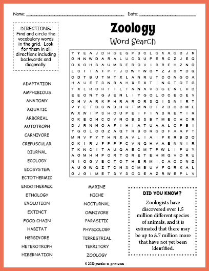 Zoology Word Search